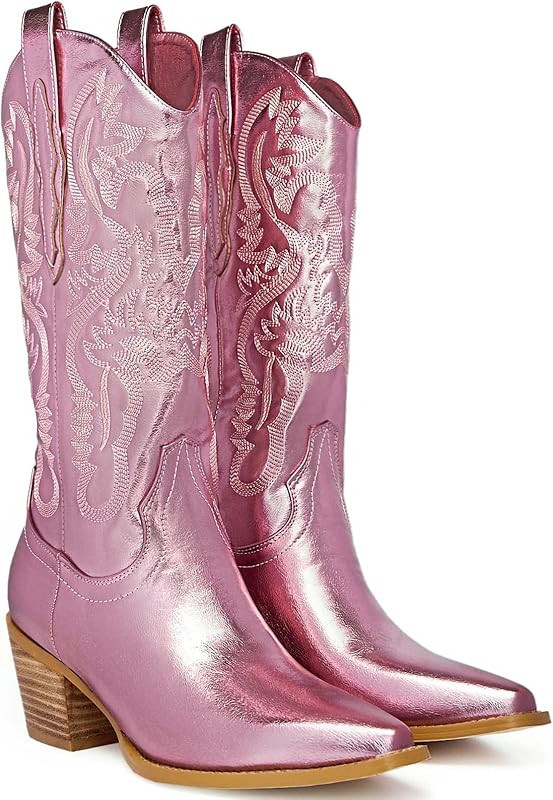 GOSERCE Western Cowboy Mid Wide Calf Boots Pull-Up Tabs Embroidered Sparkly Glitter Metallic Cowgirl | Amazon (US)