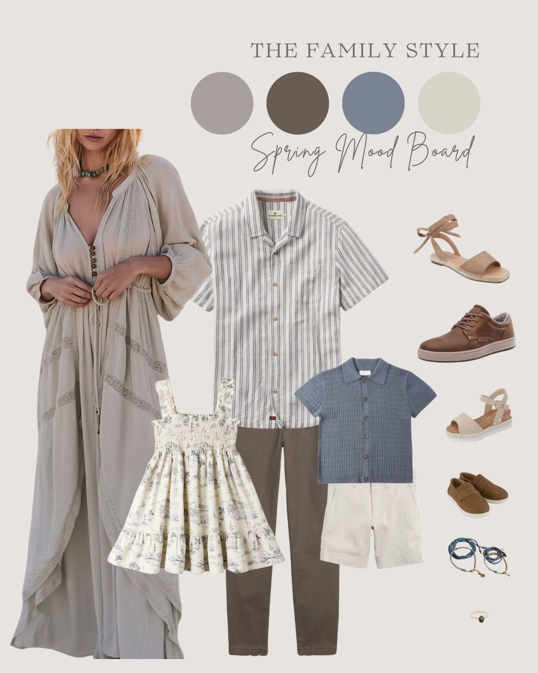 This spring family look is built around soft neutrals, muted blues, and warm earthy tones that photograph beautifully at golden hour. The mix of texture (linen, knits, smocking) adds depth without overpowering, and the colors feel fresh for spring while staying timeless.
Cohesive, effortless, and perfect for storytelling sessions 🌿✨