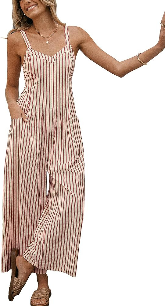 CUPSHE Maxi Jumpsuit for Women Striped Sleeveless Smocked Cutout Back Wide Leg Summer Casual Over... | Amazon (US)