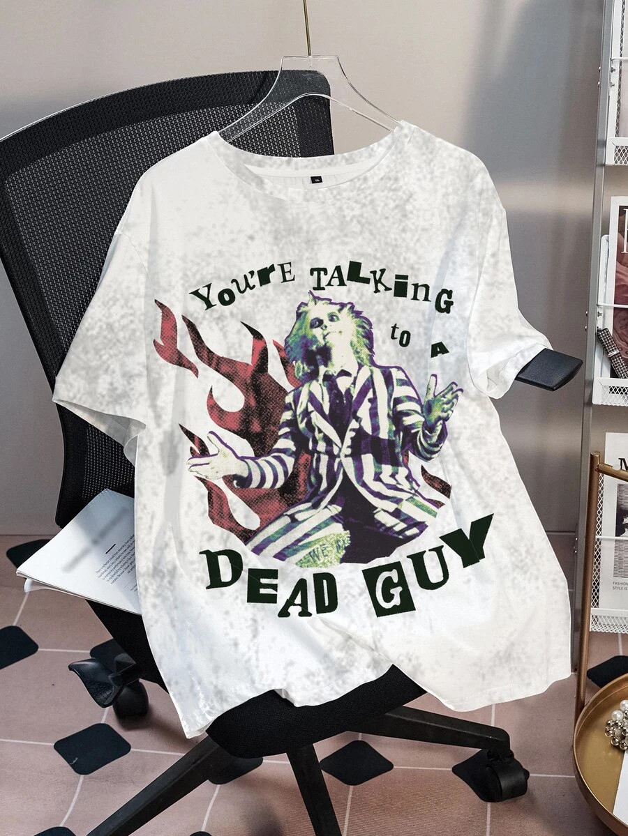 Beetlejuice X SHEIN Plus Size Women's Slogan Print Crew Neck Short Sleeve Casual T-Shirt | SHEIN