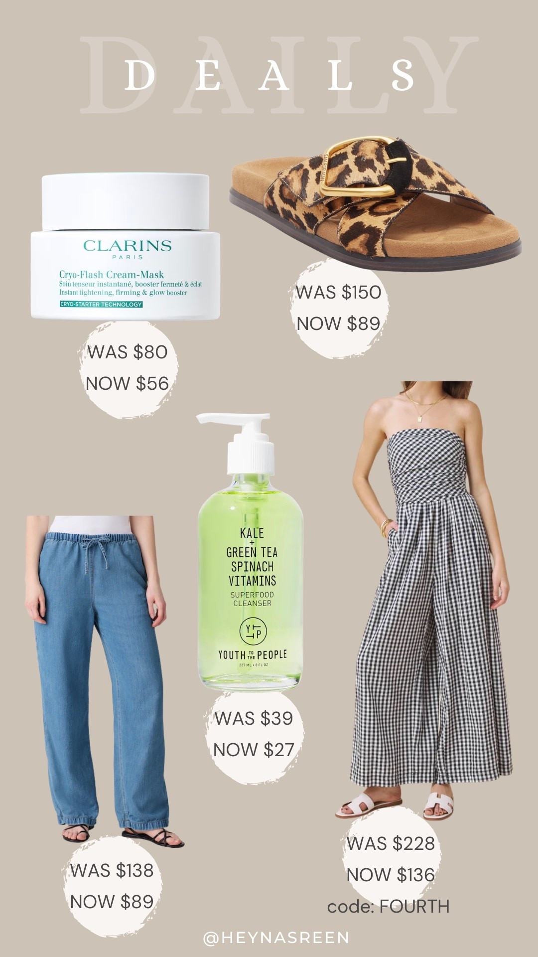 Daily deals on Clarins cyro mask, Sam Edelman sandals, Splendid jumpsuit, Youth to the People cleanser, Madewell pull on jeans