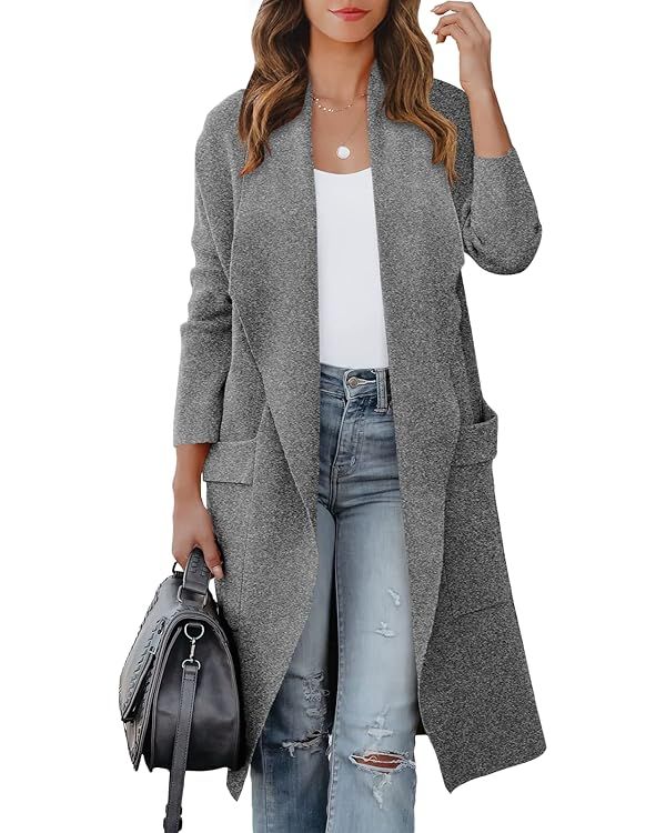ANRABESS Women's Casual Long Sleeve Draped Open Front Knit Pockets Long Cardigan Jackets Sweater | Amazon (US)