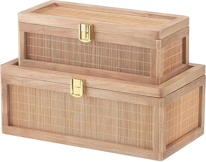 Natural Bamboo Decorative Box with Lids, Unique Decorative Boxes Set of 2, Boho Wedding Keepsake ... | Amazon (US)
