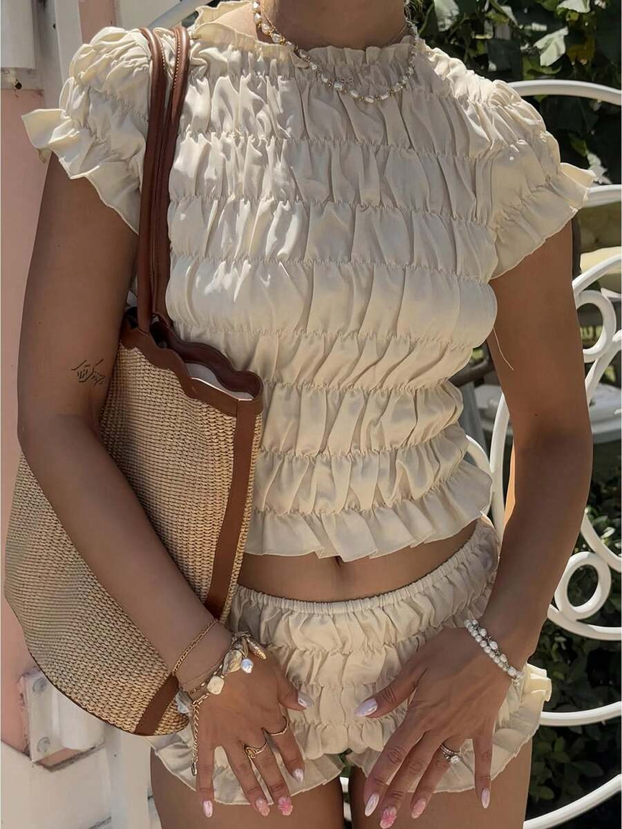 Women 2 Piece Pajamas Set Solid Color Smock Bubble Short Sleeves T-Shirt And Elastic Shorts For L... | SHEIN