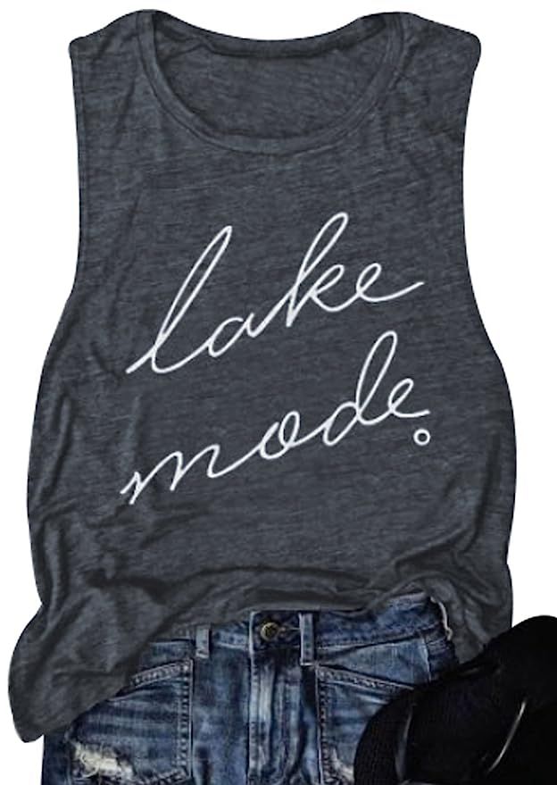 Lake Mode Tank Tops Women Funny Letter Print Summer Sleeveless Vacation Beach Shirt Tees Top | Amazon (US)