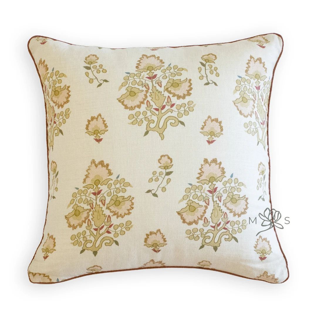 Custom Designer Linen Gold and Blush Floral Botanical Pillow - Etsy | Etsy (US)