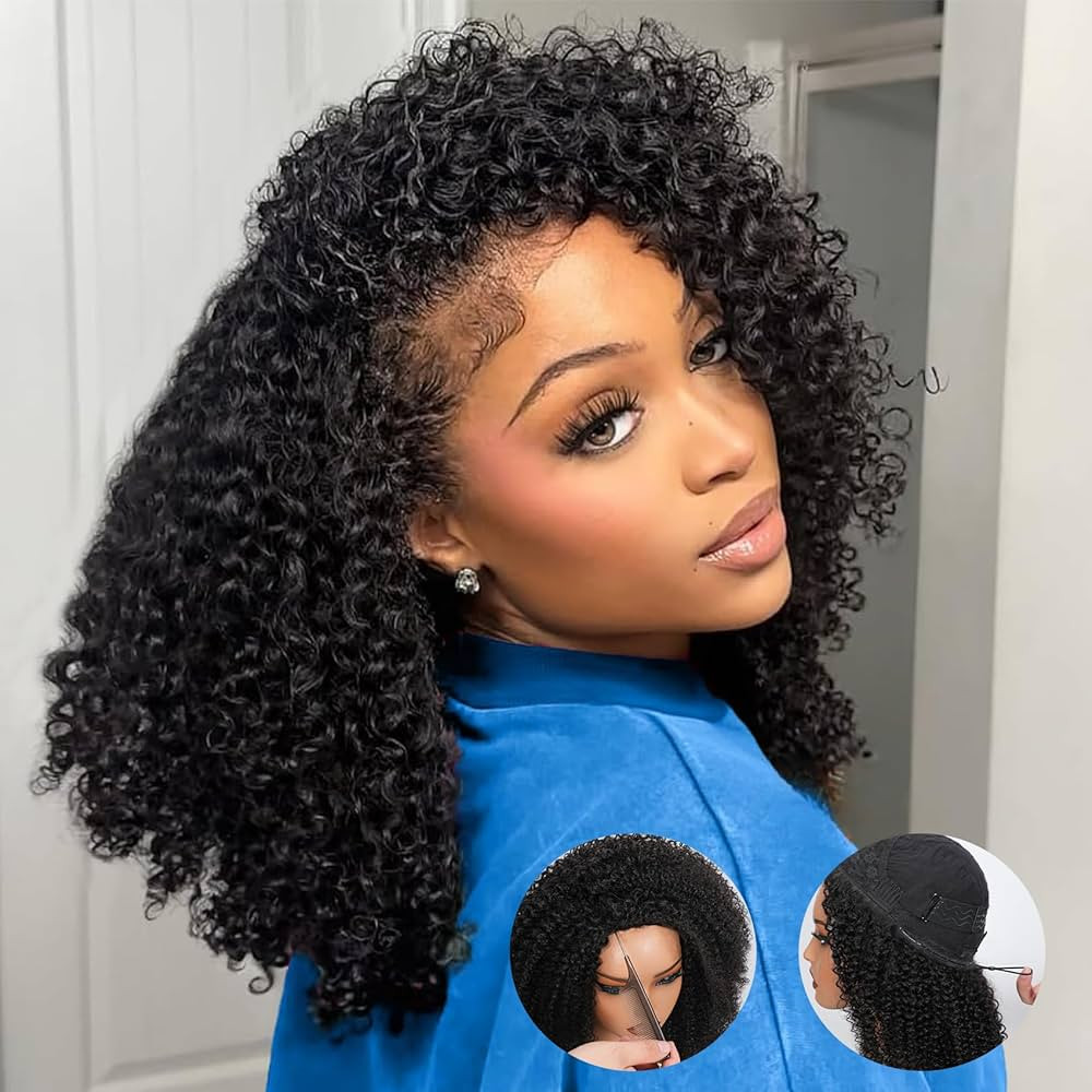 Kinky Curly Half Wig Human Hair 200% Density 3 IN 1 Glueless Wear and Go Half Wig Human Hair With... | Amazon (US)