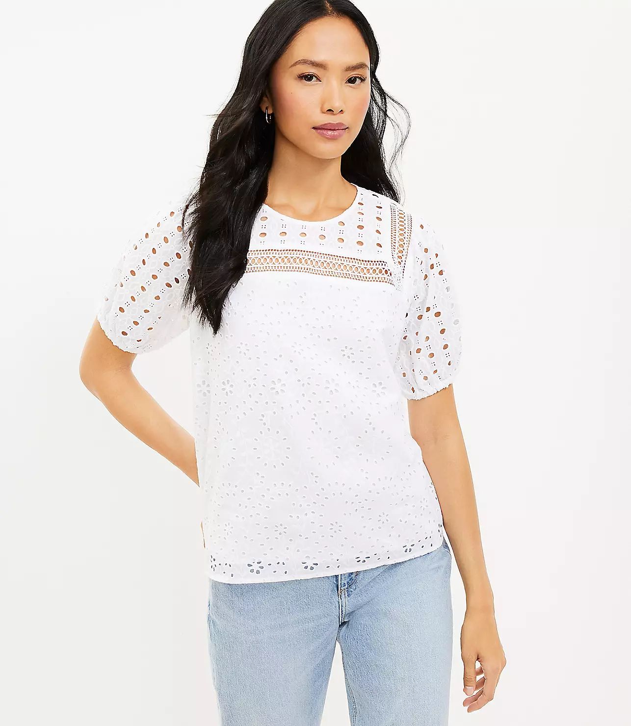 Mixed Eyelet Puff Sleeve Top | LOFT