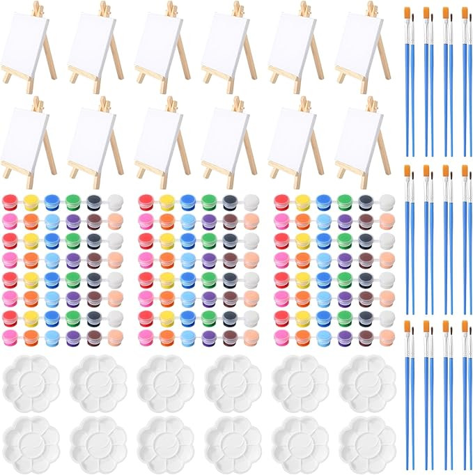 12 Set Acrylic Paint Kit Mini Stretched Canvas with Easel, Acrylic Paints Strips, Paint Brushes, ... | Amazon (US)