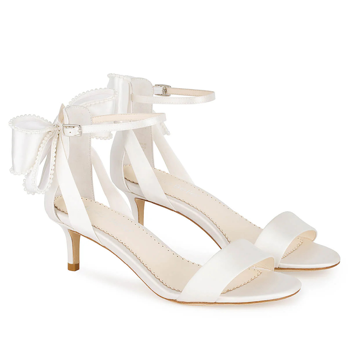 Low Heel Open Toe Wedding Shoes with Ankle Strap Pearl Trimmed Bows | Bella Belle Shoes
