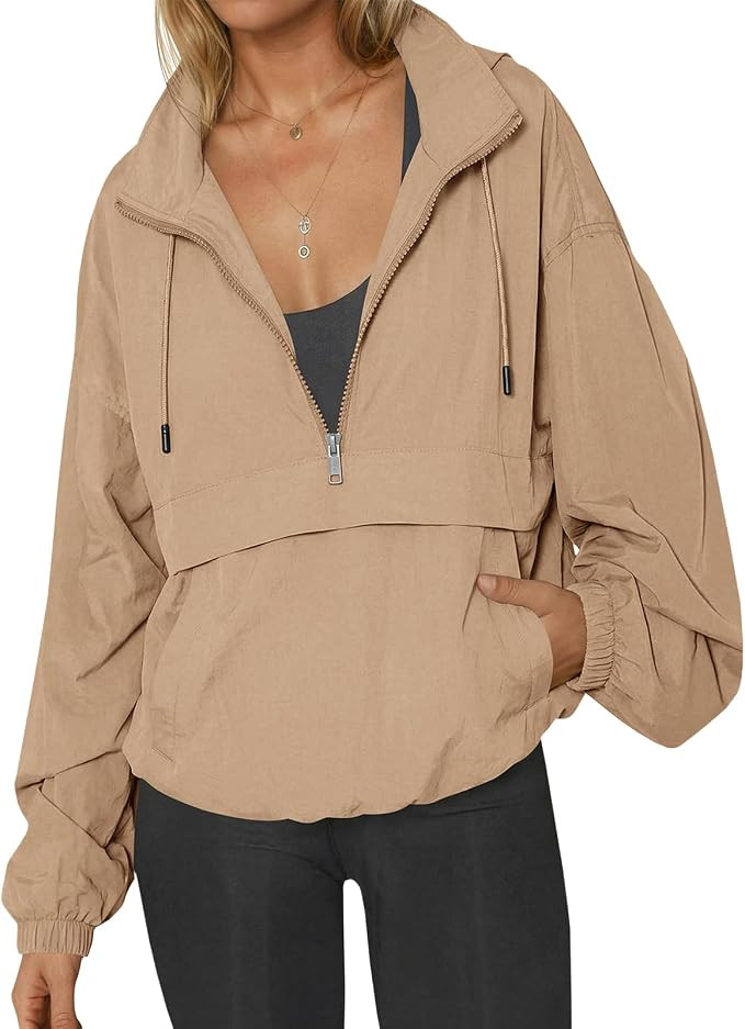 Fisoew Womens Windbreaker Lightweight Jackets Hooded Quarter Zip Pullover | Amazon (US)