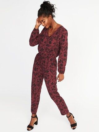 Old Navy Womens Floral-Printed Tie-Waist Jumpsuit For Women Burgundy Combo Size XL | Old Navy US