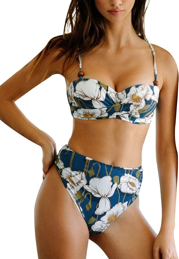 CUPSHE Women Floral Bandeau High Waisted Bikini Set Back Hook Fixed Padding Thin Straps Two Piece | Amazon (US)