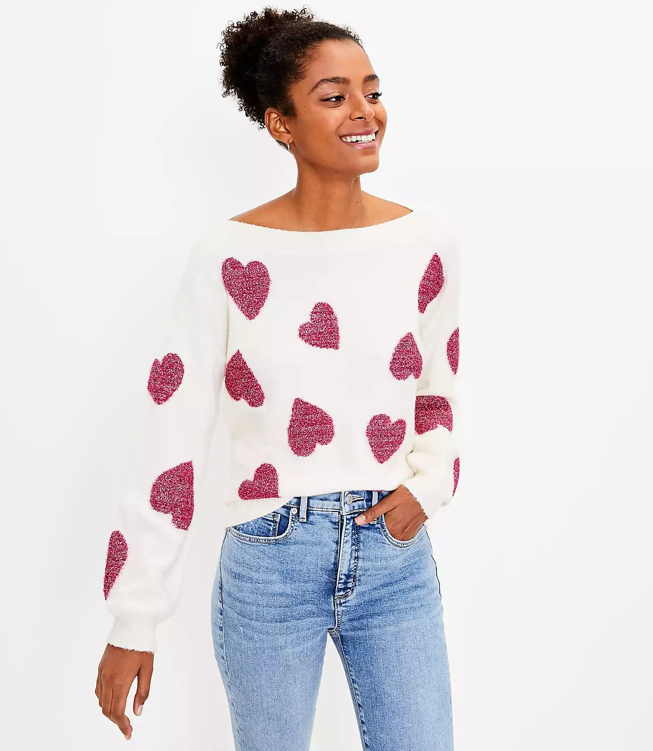 Shimmer Heart Boatneck Sweater | LOFT