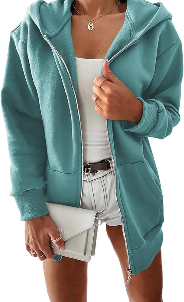 Yousify Women Casual Full Zip Up Plush Hoodie Comfy Loose Solid Sweatshirt Long Sleeve Jacket wit... | Amazon (US)