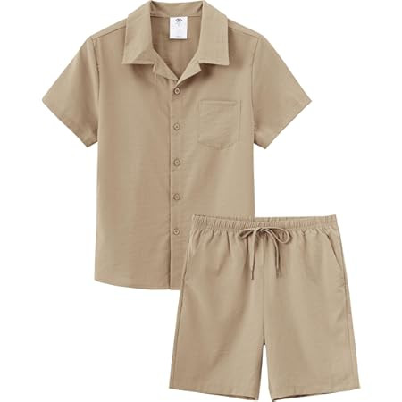 Boys 2 Piece Set 5-14y Summer Beach Outfits Linen Short Sleeve T-shirt Elastic Drawstring Casual ... | Amazon (US)