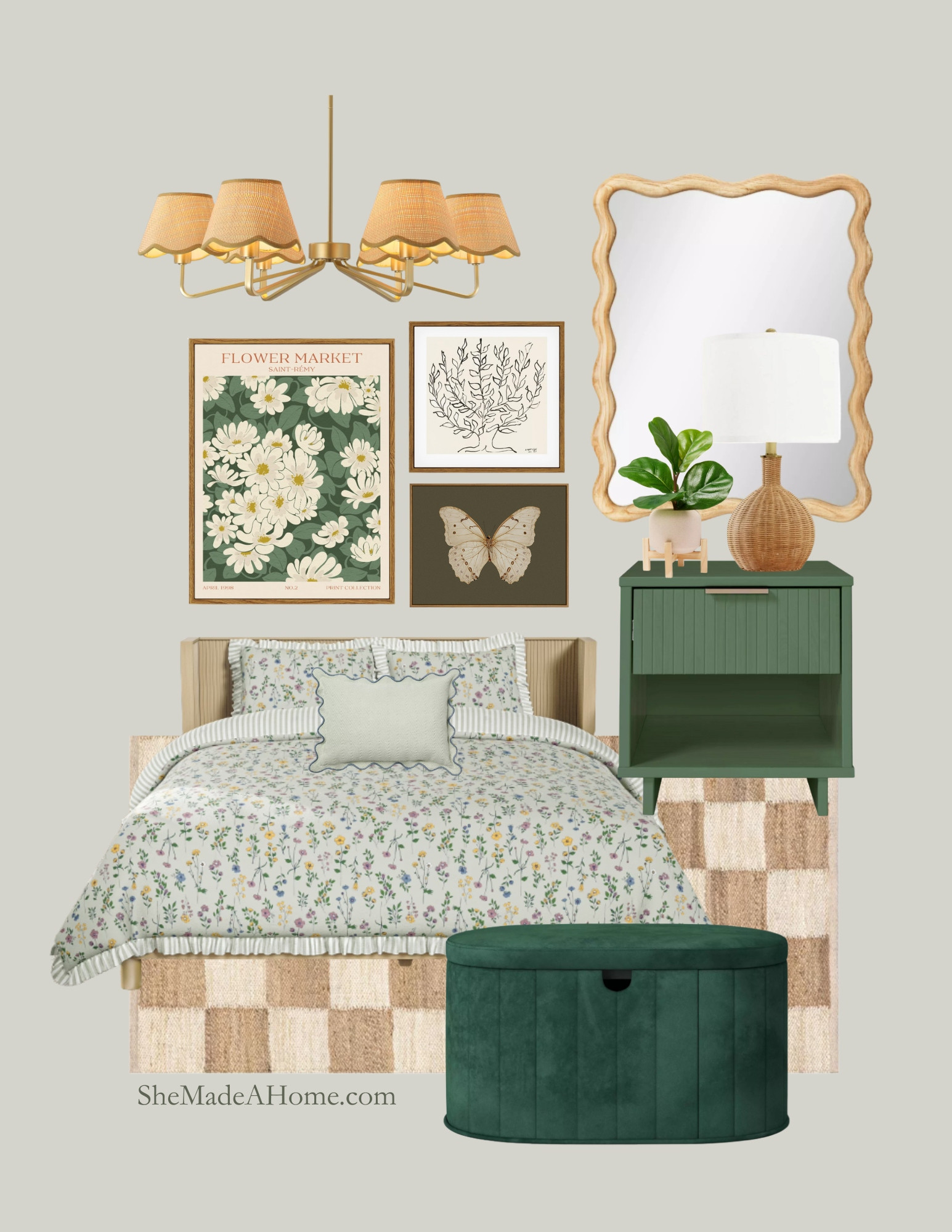 Whimsical Green Girls Bedroom 🌿🦋
This playful yet timeless girls’ bedroom blends soft florals, warm wood tones, and rich green accents for a look that feels fresh and inviting. A rattan mirror, botanical art, and gingham-inspired rug bring charm and character, while the green nightstand and storage ottoman add both function and style.

🛏 Shop the exact pieces I used to create this budget-friendly girls’ bedroom — all linked below so you can recreate it in your own home.

#LTKHome #GirlsRoomDecor #WhimsicalBedroom #GreenGirlsRoom #KidsRoomInspo #RoomRecipe #BudgetFriendlyHome #SheMadeAHome #ShopTheLook 

 #LTKHome #LTKKids