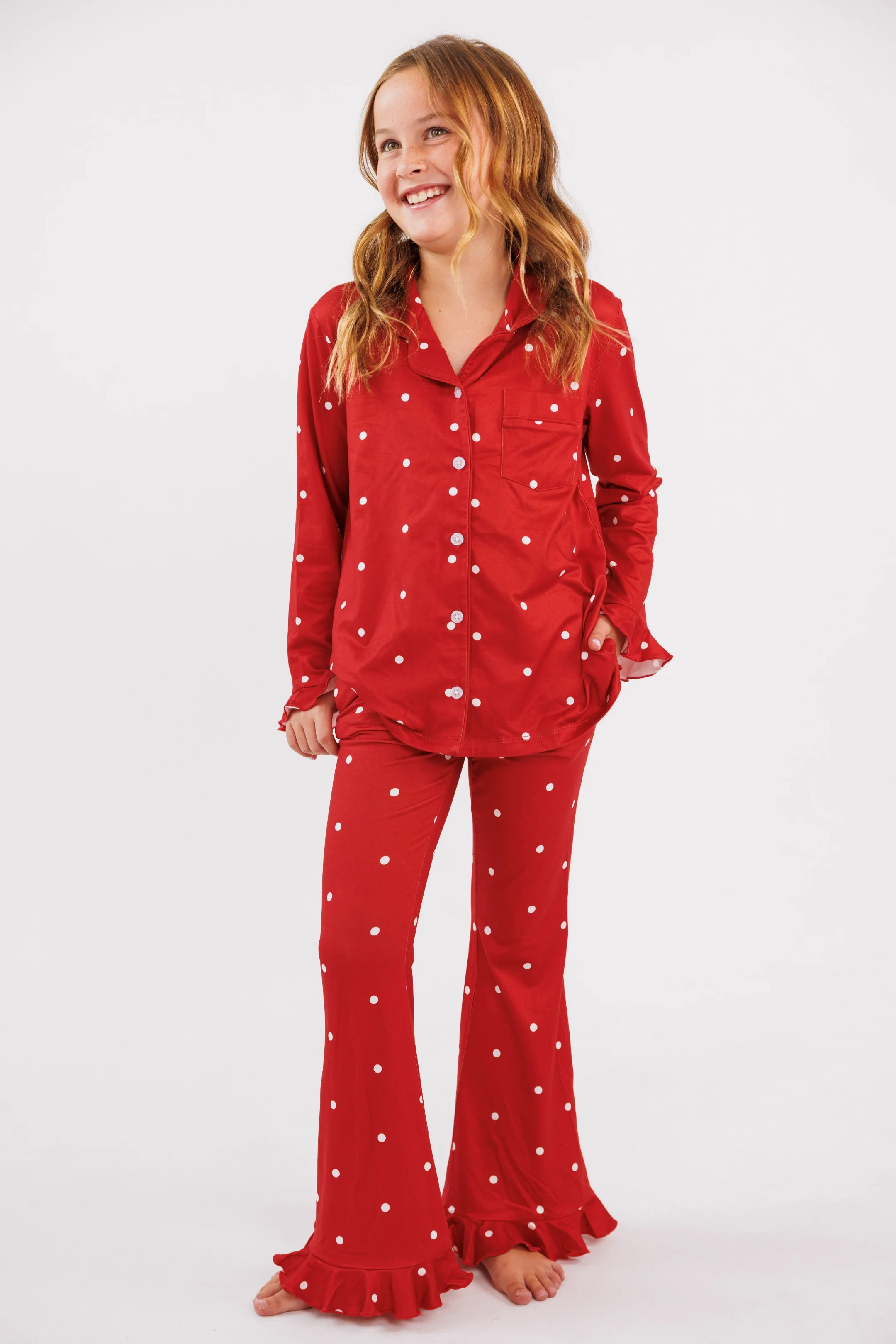 Ruby Polka Dot Girls' Long Sleeve Ruffle Flare Set | Christmas Family Matching Pajamas | In My Ja... | In My Jammers