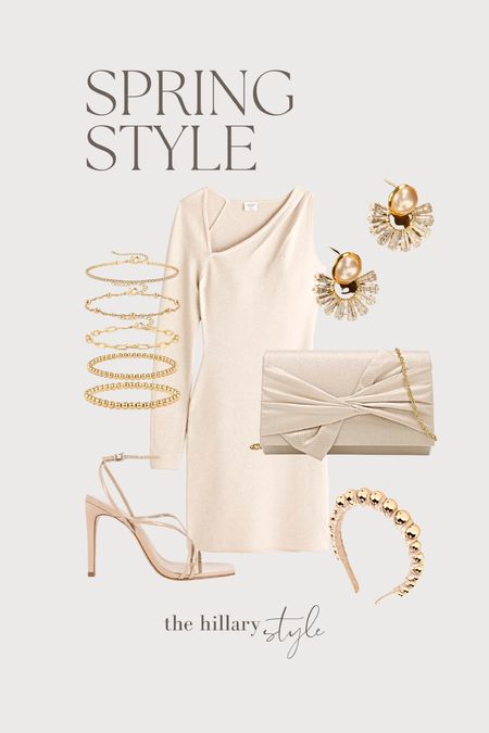 Spring Style Edit: Bridal Shower Look for the Bride-to-Be. White dress, bridal shower look, bridal shower dress, gold block heels, handbag, gold bracelet stack, statement earrings. 

#LTKwedding #LTKstyletip #LTKFind