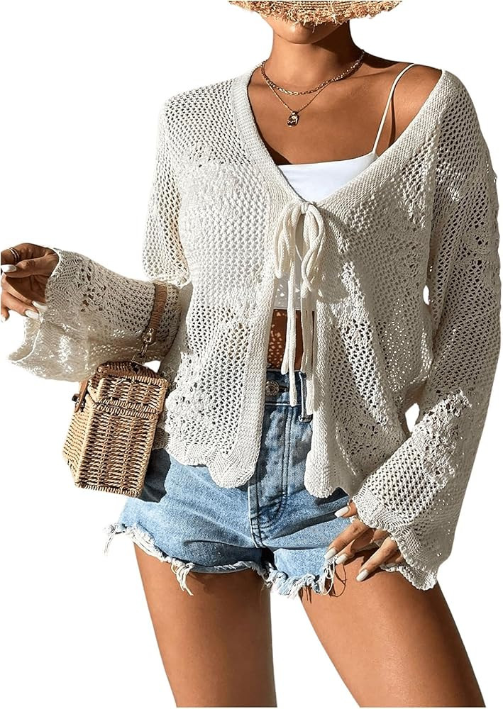 Floerns Women's Tie Front Crochet Lightweight Long Sleeve Cardigan Sweaters Boho Beach Hollow Out... | Amazon (US)