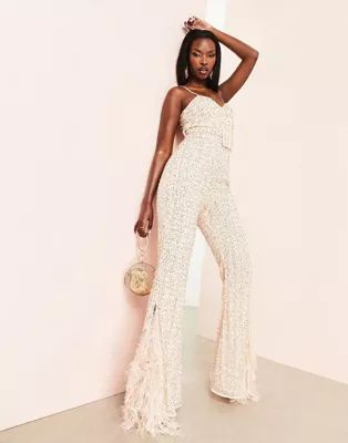 ASOS LUXE embellished belted jumpsuit with faux feather trim in neutral | ASOS (Global)