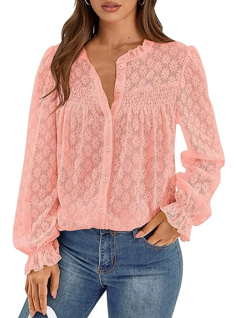 PRETTYGARDEN Lace Long Sleeve Tops for Women Eyelet Blouses Dressy Casual Hollow Out Button Down ... | Walmart (US)