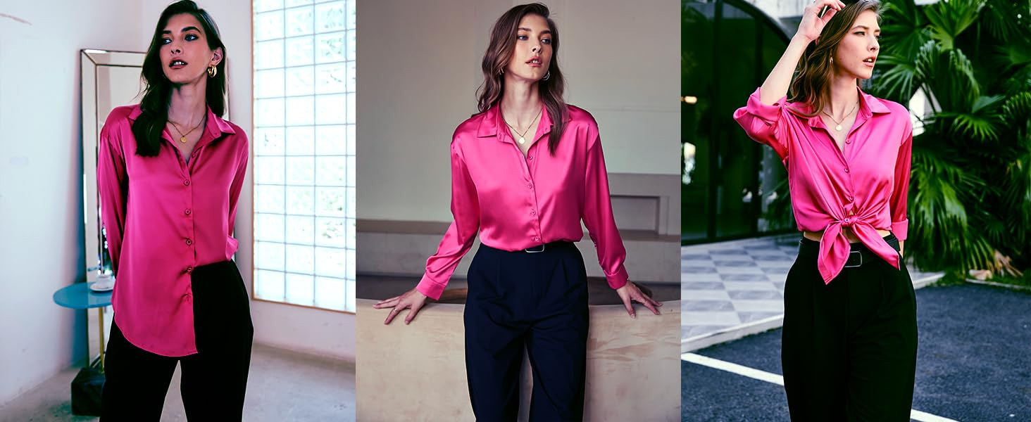 Hotouch Satin Silk Women Button Down Shirt Long Sleeve V Neck Casual Loose Work Office Blouse Tun... | Amazon (US)