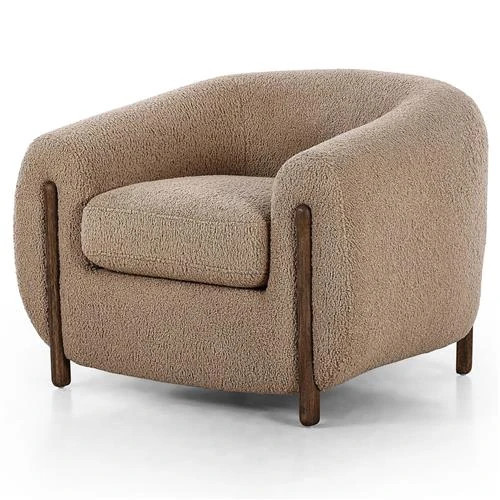 Riley Mid Century Modern Light Brown Upholstered Wood Barrel Chair | Kathy Kuo Home