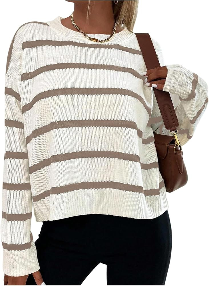 GORGLITTER Women's Striped Drop Shoulder Sweater Oversized Crew Neck Knit Sweaters Pullover Top | Amazon (US)