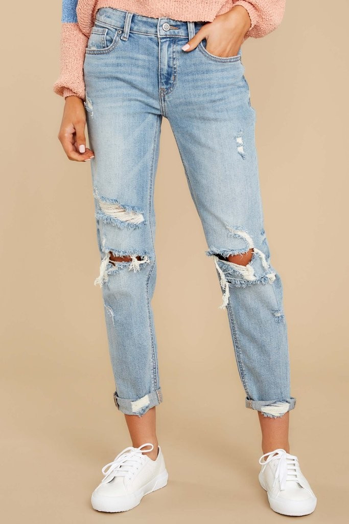 Set The Trend Light Wash Distressed Girlfriend Jeans | Red Dress 