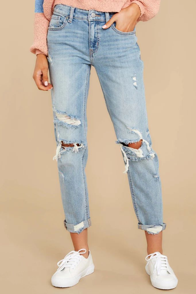 Set The Trend Light Wash Distressed Girlfriend Jeans | Red Dress 