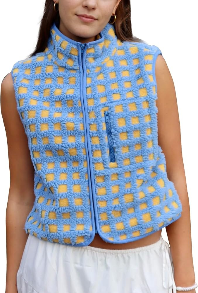 Womens Checkered Sherpa Vest Sleeveless Winter Fleece Jacket High Neck Zip Up Plaid Gilet with Ch... | Amazon (US)