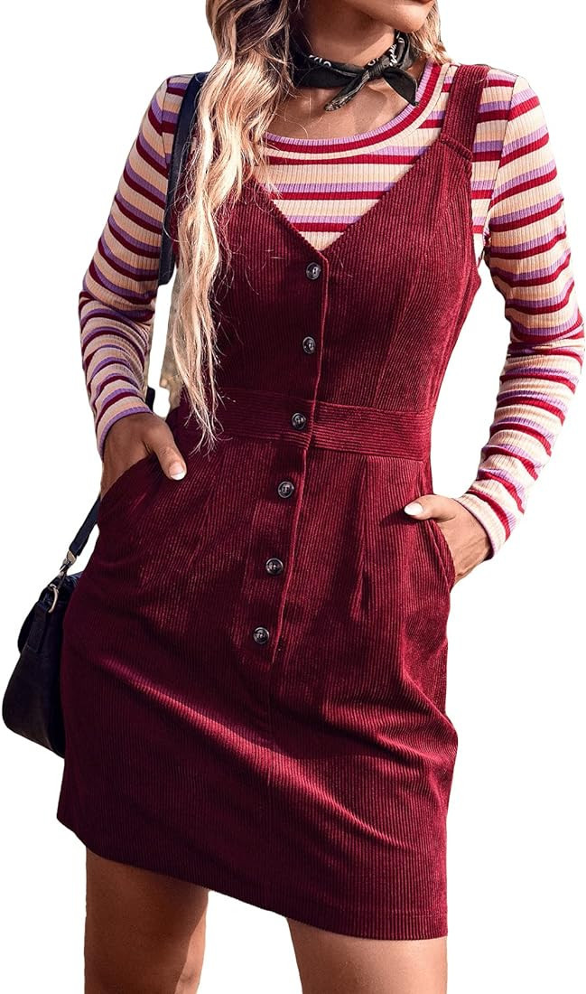 Milumia Women's Corduroy V Neck Button Front Overall Pinafore Mini Dress with Pocket | Amazon (US)