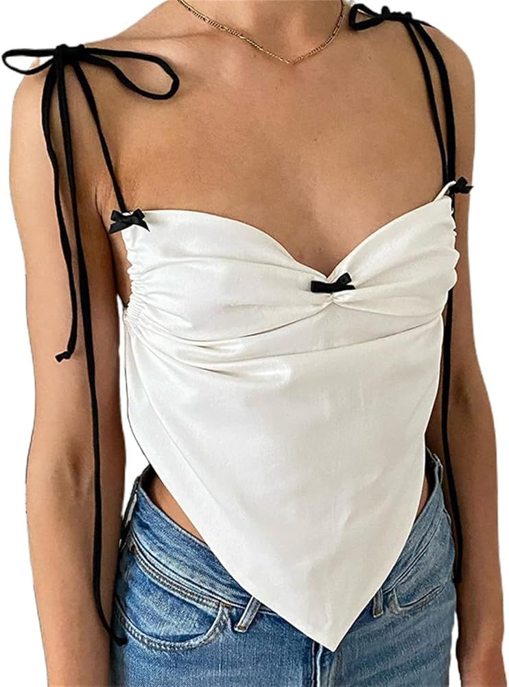 Women Y2k Spaghetti Straps Cami Top Sexy Tie Up Backless Tops Cute