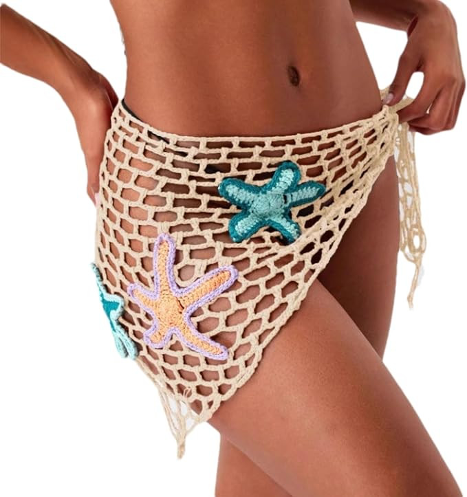 Women's Crochet Beach Cover Up Skirt Sheer Fishnet Sarong Starfish Fringe High Waist Boho Wrap fo... | Amazon (US)