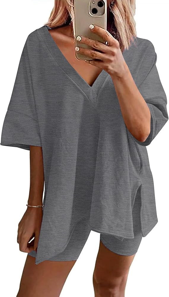 Ekouaer Womens Pajamas 2 Piece Lounge Sets Oversized V Neck T-Shirts Tops Biker Shorts Set Workou... | Amazon (US)