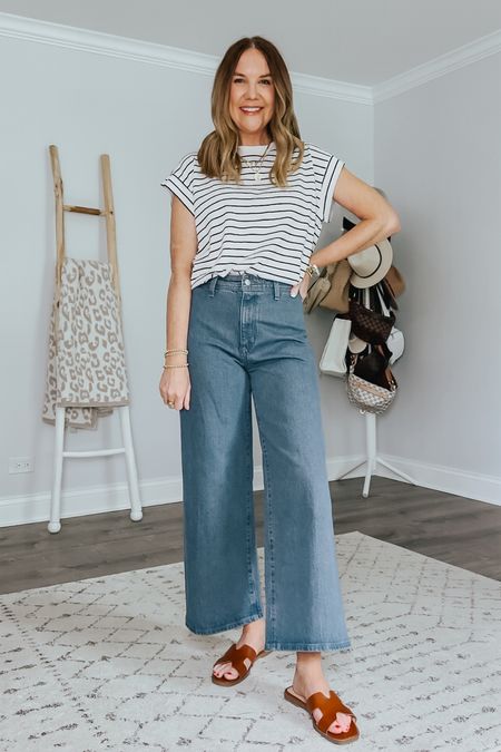 🎉The viral @targetstyle jeans are back on sale and now come in blue denim! I’d recommend staying TTS.
Tee medium 
Sandals TTS

Target haul, target outfit, spring outfit ideas, wide leg crop pants, target fashion, business casual outfit, over 40 fashion, inclusive sizing, affordable fashion, wide leg jeans, target try in, timeless style
