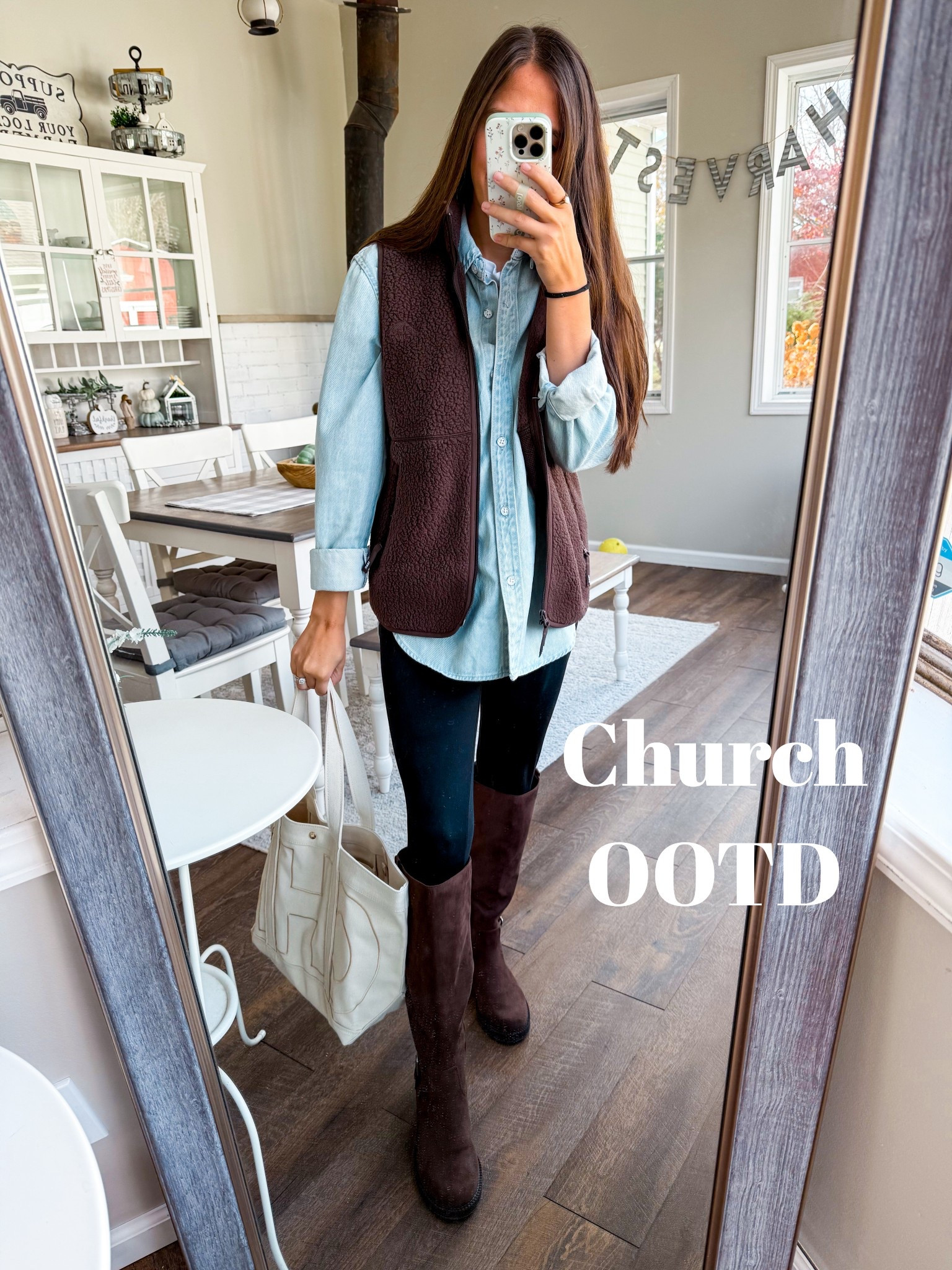 Church OOTD :) 
Vest Aritzia XS 
Denim XS 
Leggings small short 
faux suede boots tts 
Bag Bauble Bar 

#LTKStyleTip #LTKFindsUnder50 #LTKFindsUnder100
