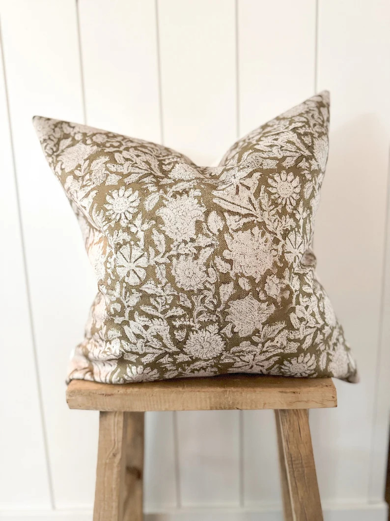 Floral Handblock Pillow Cover Olive Designer Fabric Modern Farmhouse Neutral Home Decor 18x18 20x... | Etsy (US)