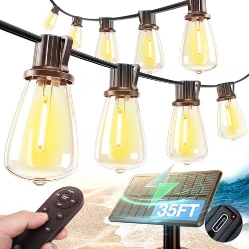 addlon 35FT Solar String Lights Outdoor, IP54 Waterproof Solar Powered with Remote & USB Port, 10... | Amazon (US)