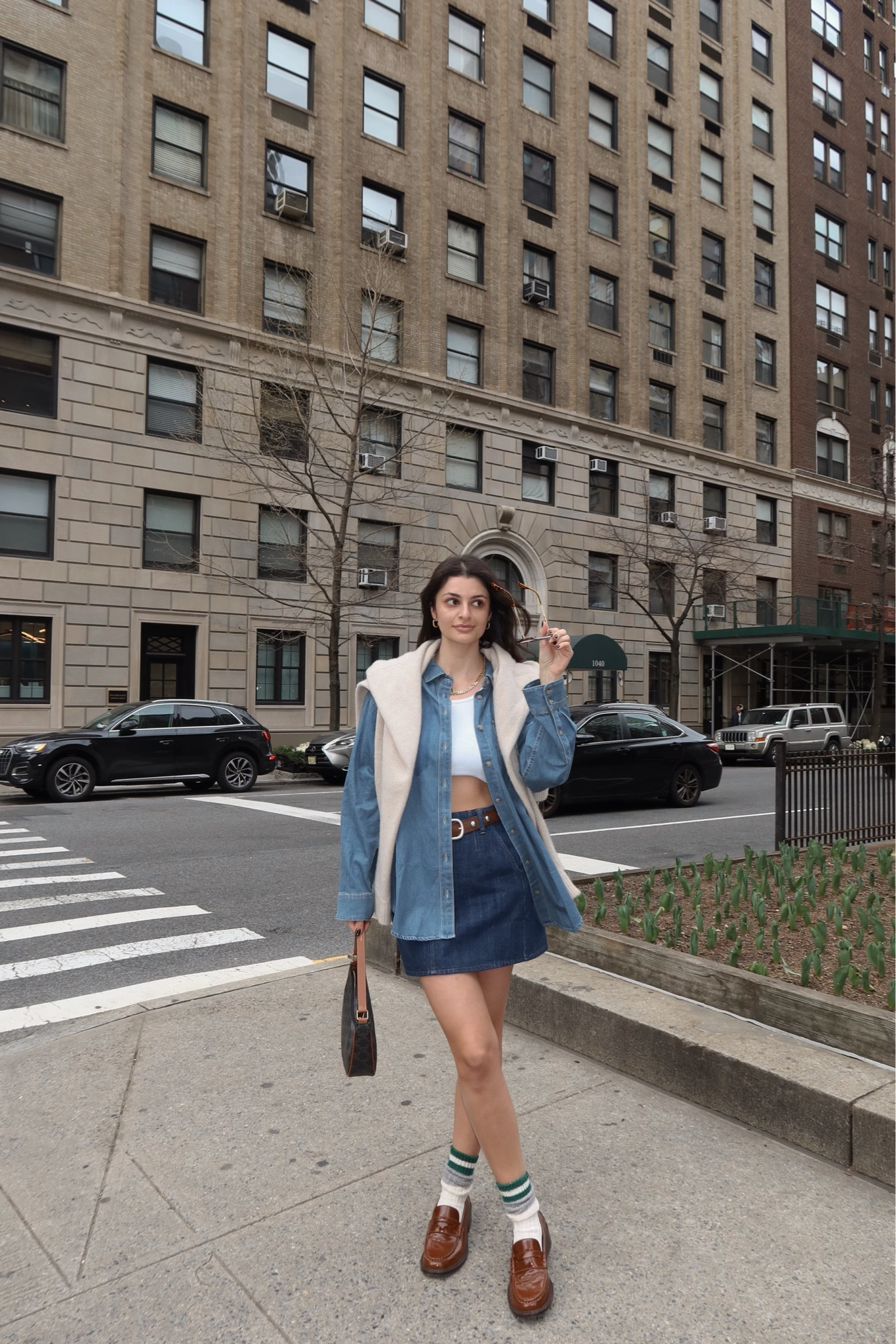 denim mini skirt
denim button down 
brown loafers 

#LTKFindsUnder100 #LTKStyleTip #LTKSeasonal