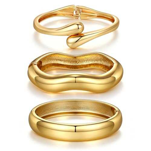 2Pcs Gold Bangle Bracelets for Women Trendy 14K Gold Plated Cuff Bracelets Stack, Dainty Gold Bracelet Sets Non Tarnish Fashion Jewelry Gift | Amazon (US)