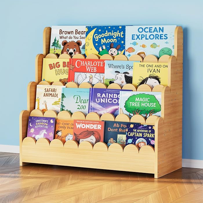 SpaceAid 4-Tier Scalloped Bookshelf, Montessori Bookcase for Toddlers, Wooden Book Shelf Organize... | Amazon (US)