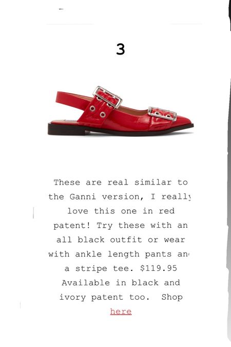 From the roseknows newsletter! 
How cute are these red patent flats ? $119.95 
They are available in ivory and black patent too! Go up 1/2 size. 

#LTKshoecrush #LTKstyletip #LTKfindsunder100