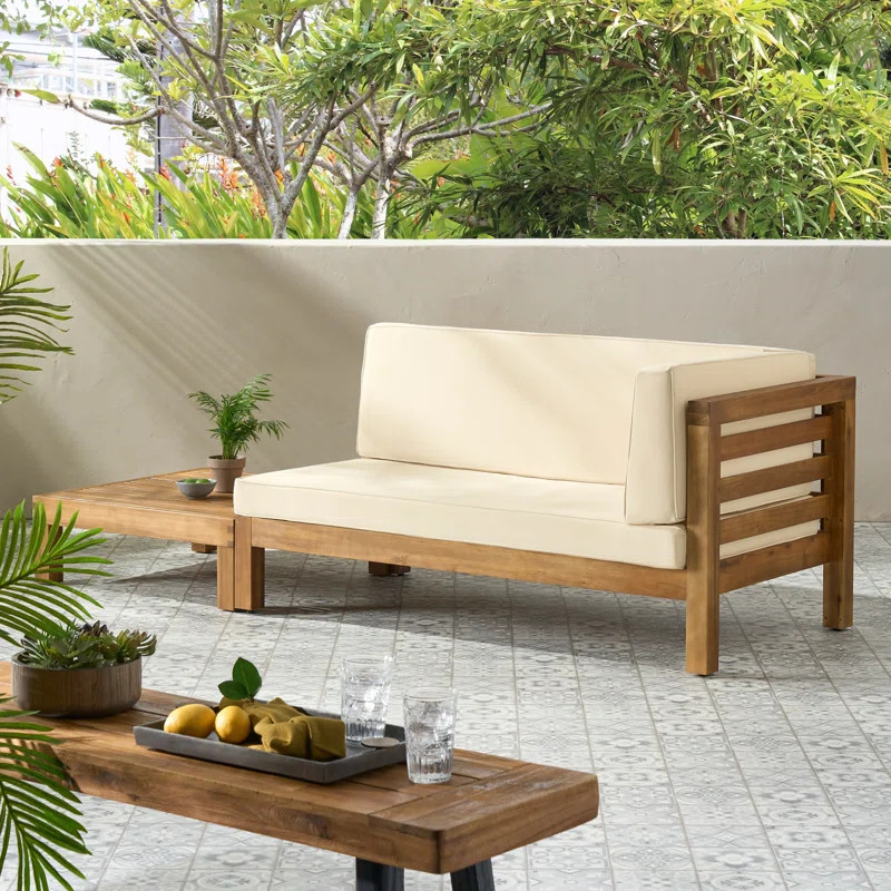Hanoi Outdoor Acacia Wood Right Arm Loveseat And Coffee Table Set With Cushion | Wayfair North America