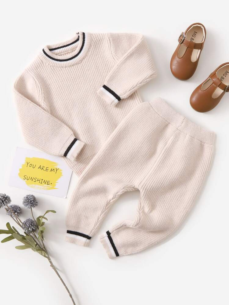 Baby Striped Trim Sweater & Knit Pants | SHEIN