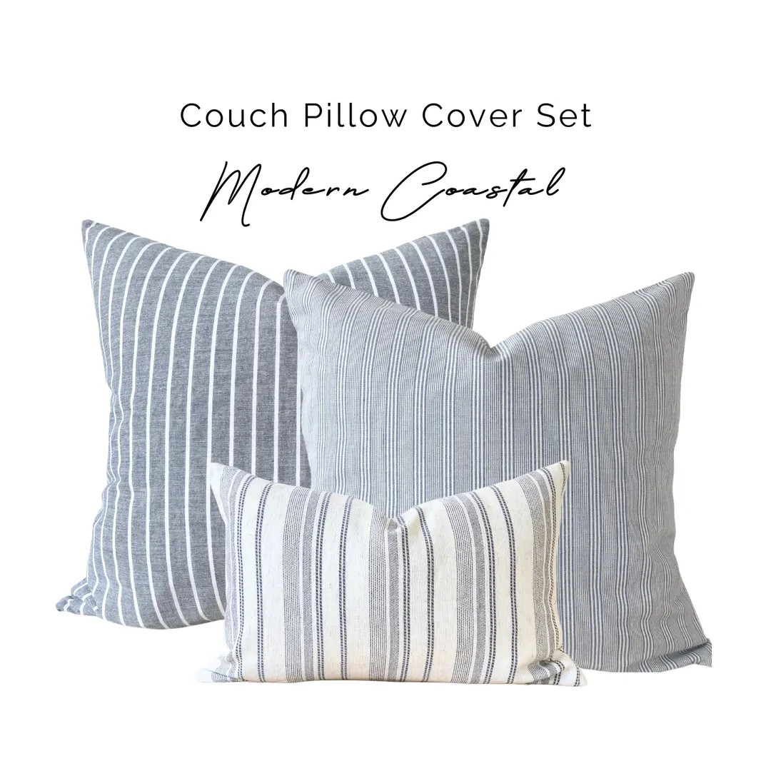 Coastal Light Blue Linen Pillow Cover Set, Blue Striped Throw Pillow Set, Coastal Striped Linen P... | Etsy (US)
