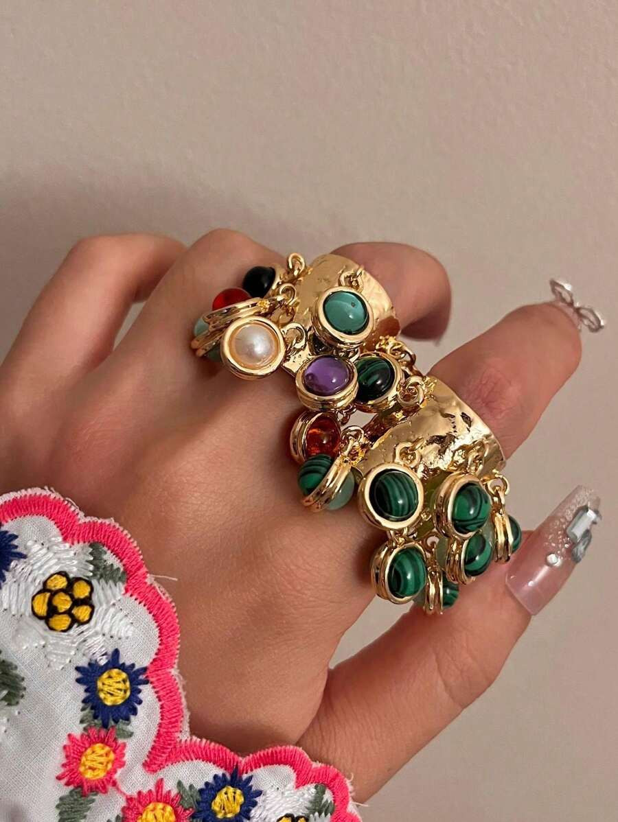 1pc Vintage Peacock Stone & Cloisonne Multi-Pendant Tassel Open Ring With Concise Niche Design, S... | SHEIN