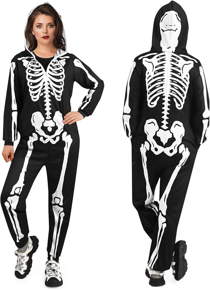 Waipfaru Halloween Skeleton Costume Women-Skeleton Onesie Adult -Front and Back Bone Print with Z... | Amazon (US)