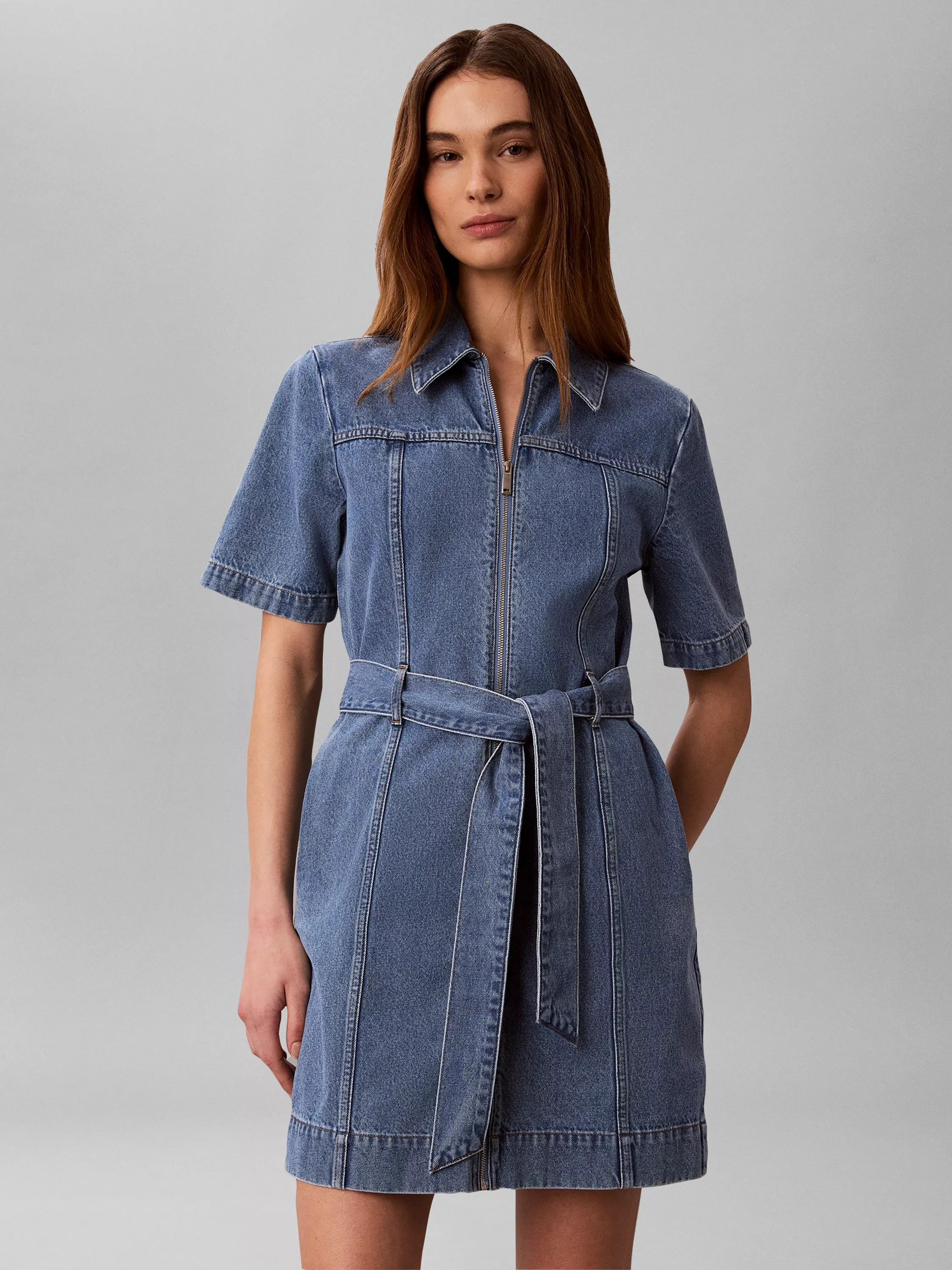 Belted Zip Through Denim Dress, Blue | John Lewis (UK)